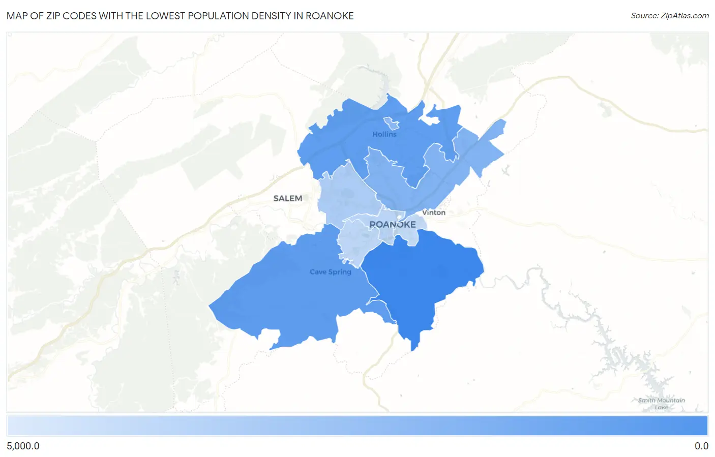 Zip Codes with the Lowest Population Density in Roanoke Map