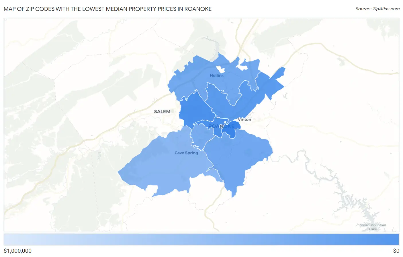 Zip Codes with the Lowest Median Property Prices in Roanoke Map