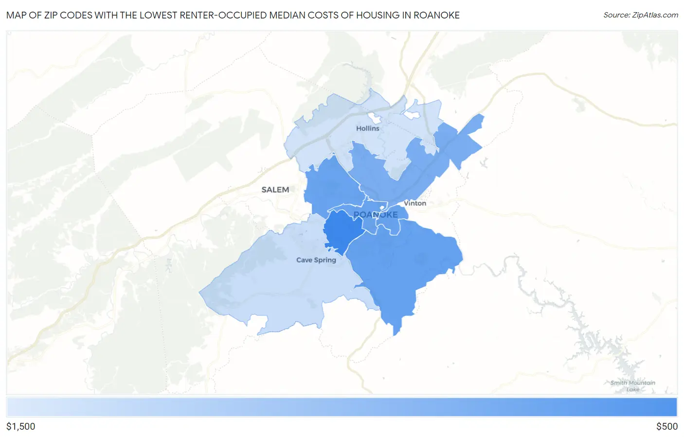 Zip Codes with the Lowest Renter-Occupied Median Costs of Housing in Roanoke Map