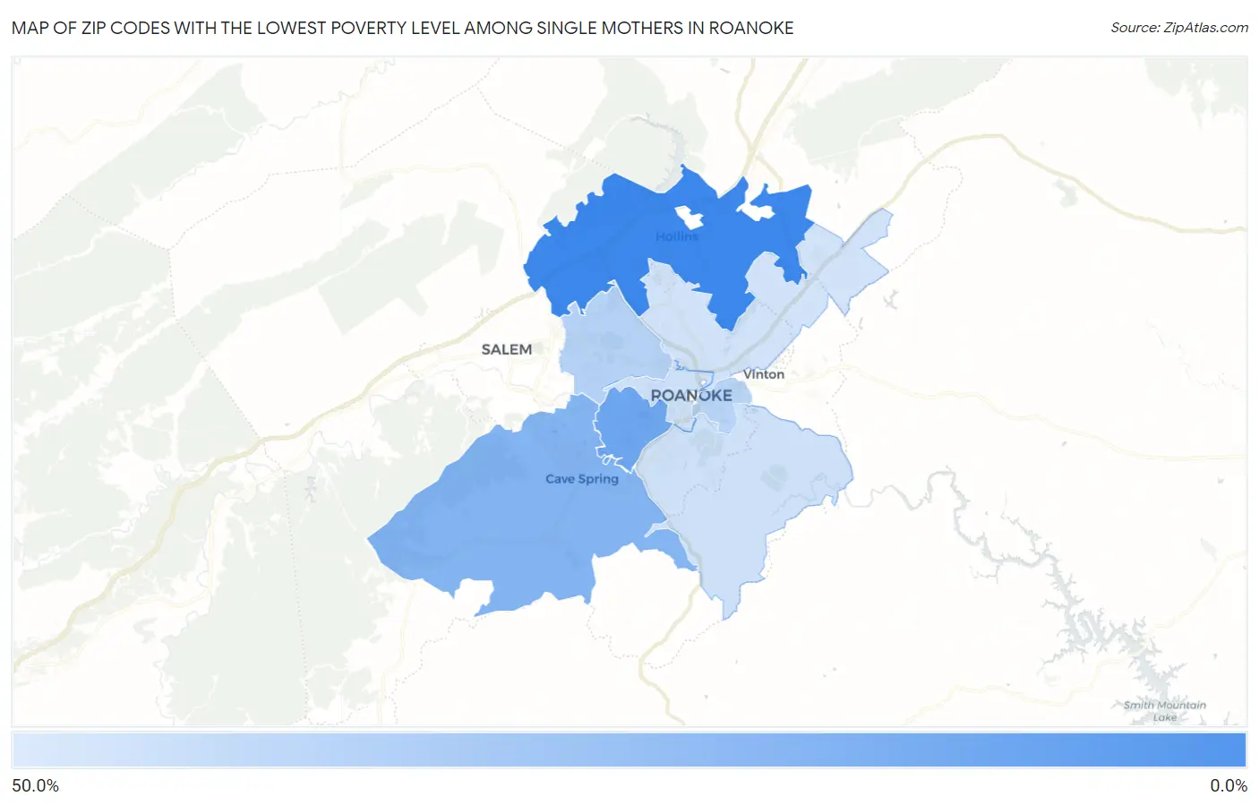 Zip Codes with the Lowest Poverty Level Among Single Mothers in Roanoke Map