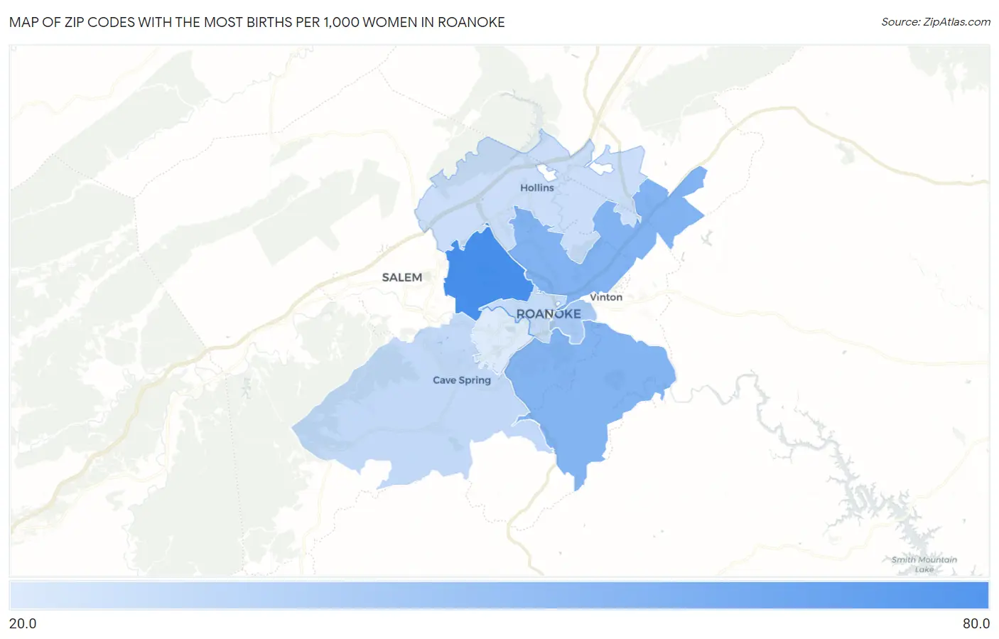 Zip Codes with the Most Births per 1,000 Women in Roanoke Map
