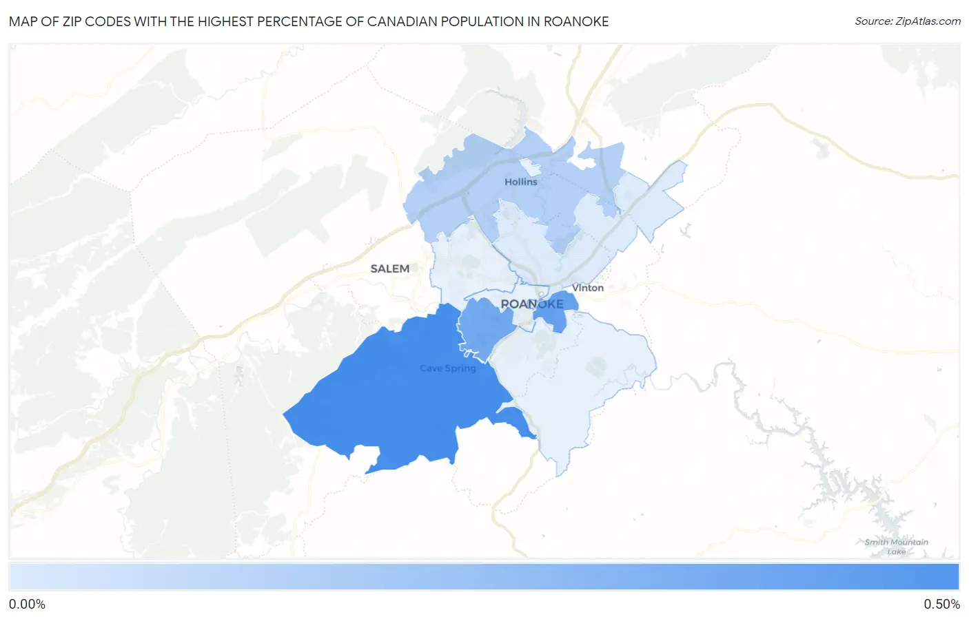 Zip Codes with the Highest Percentage of Canadian Population in Roanoke Map