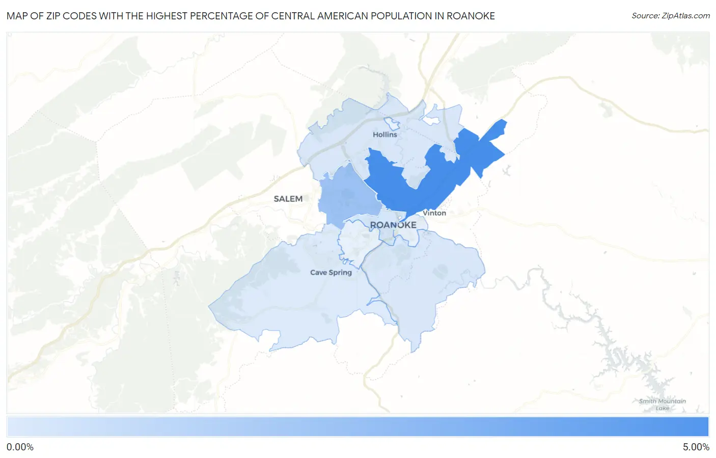 Zip Codes with the Highest Percentage of Central American Population in Roanoke Map