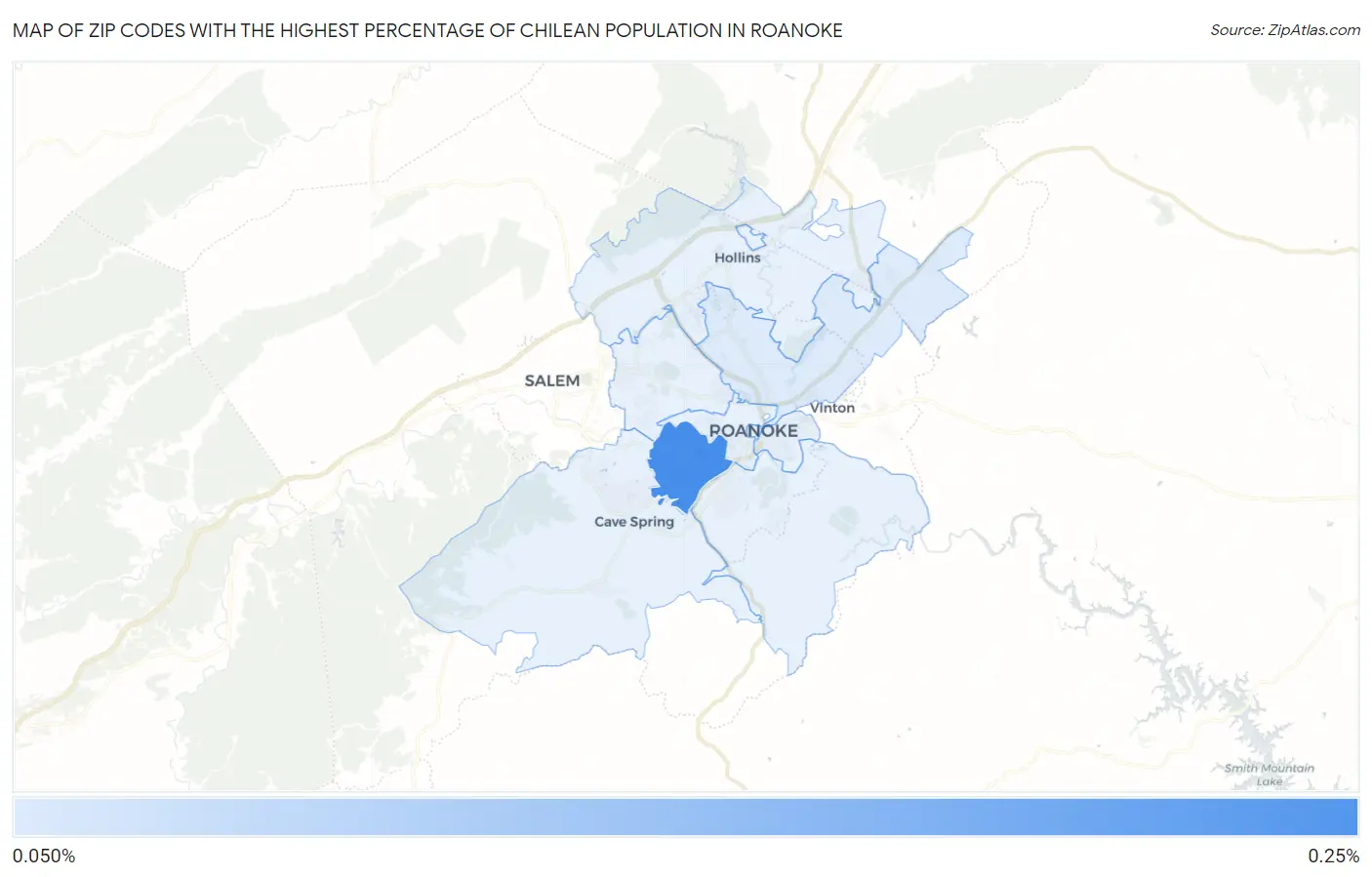 Zip Codes with the Highest Percentage of Chilean Population in Roanoke Map