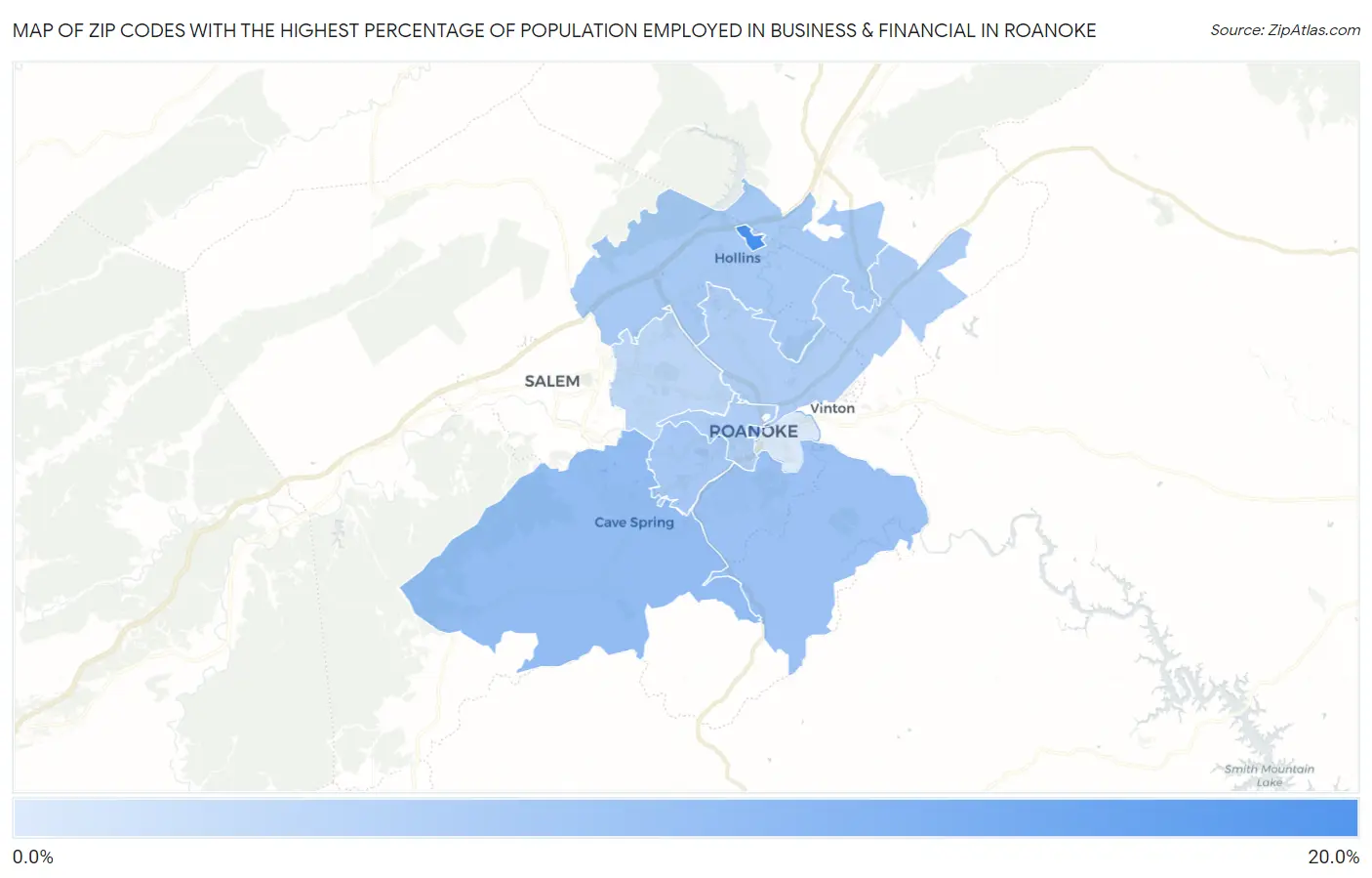 Zip Codes with the Highest Percentage of Population Employed in Business & Financial in Roanoke Map