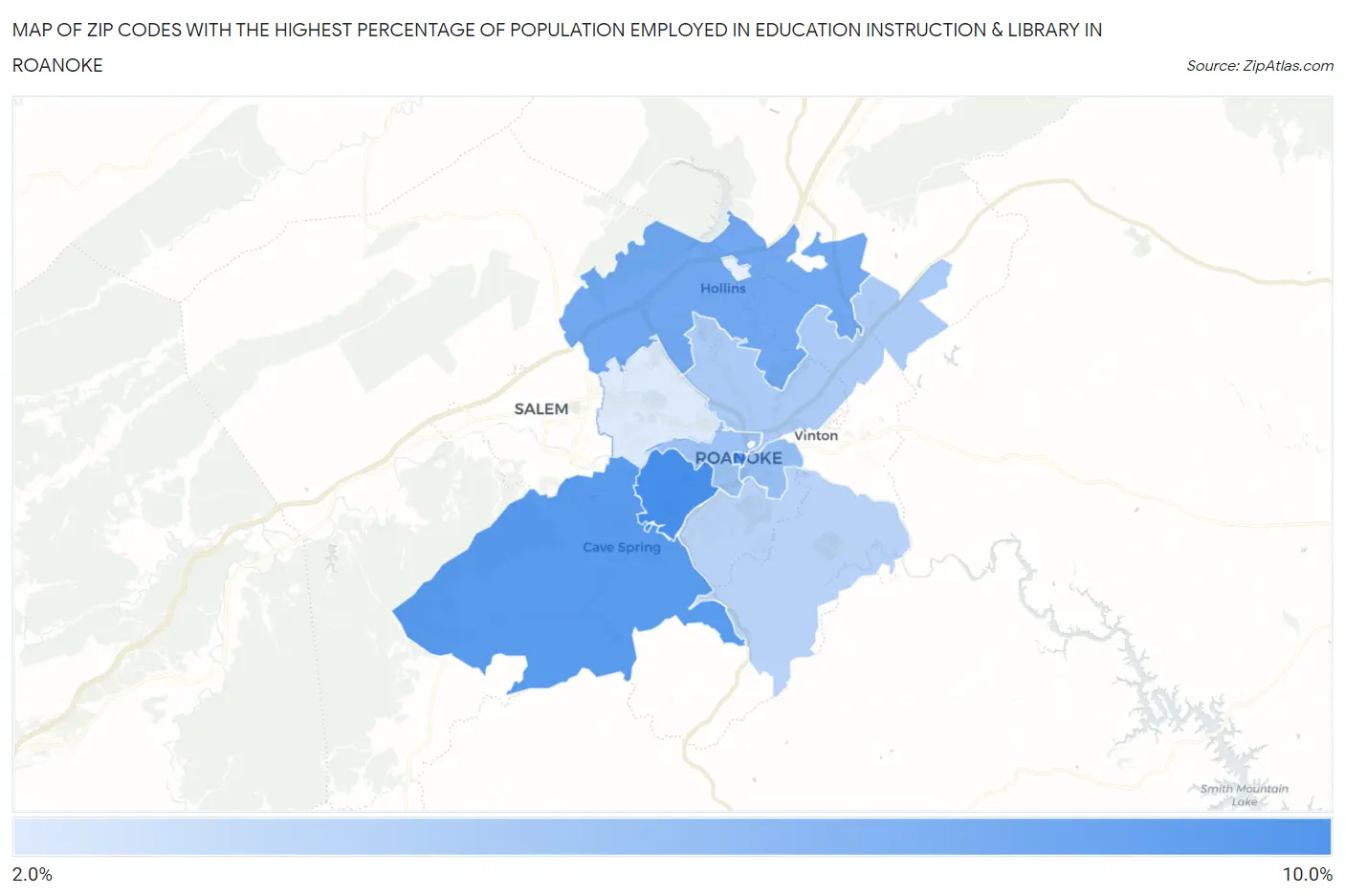 Zip Codes with the Highest Percentage of Population Employed in Education Instruction & Library in Roanoke Map