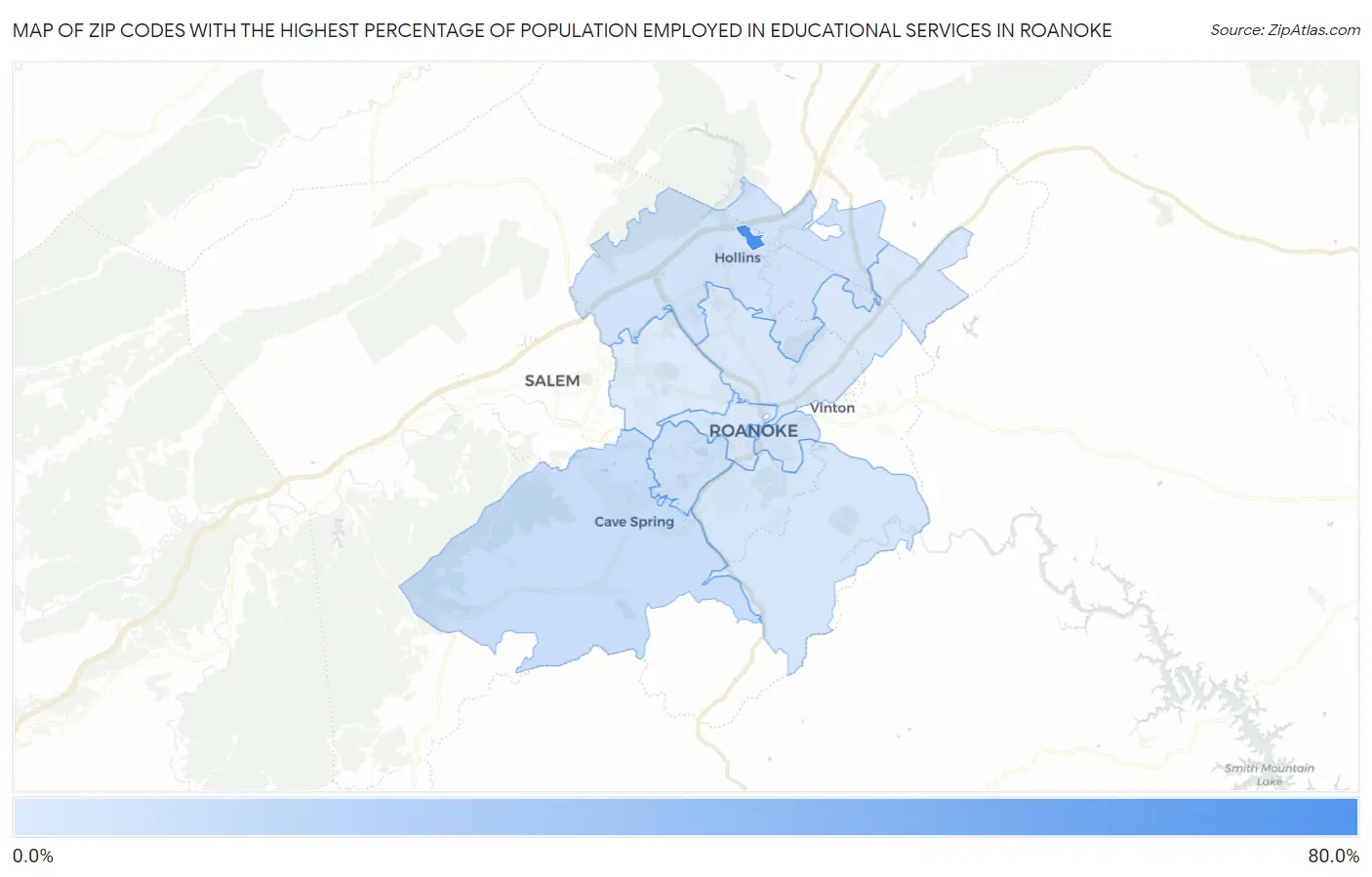 Zip Codes with the Highest Percentage of Population Employed in Educational Services in Roanoke Map