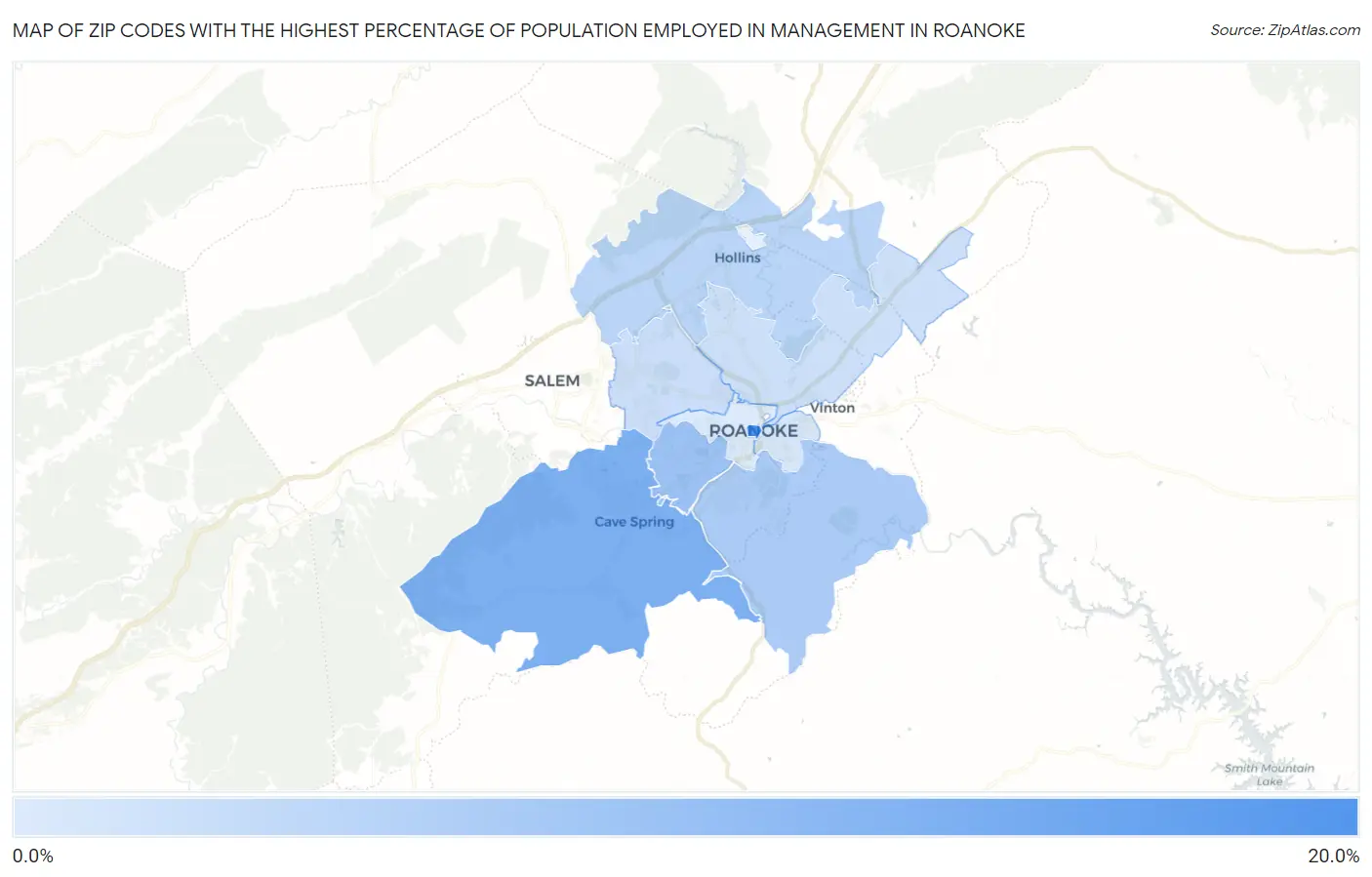 Zip Codes with the Highest Percentage of Population Employed in Management in Roanoke Map