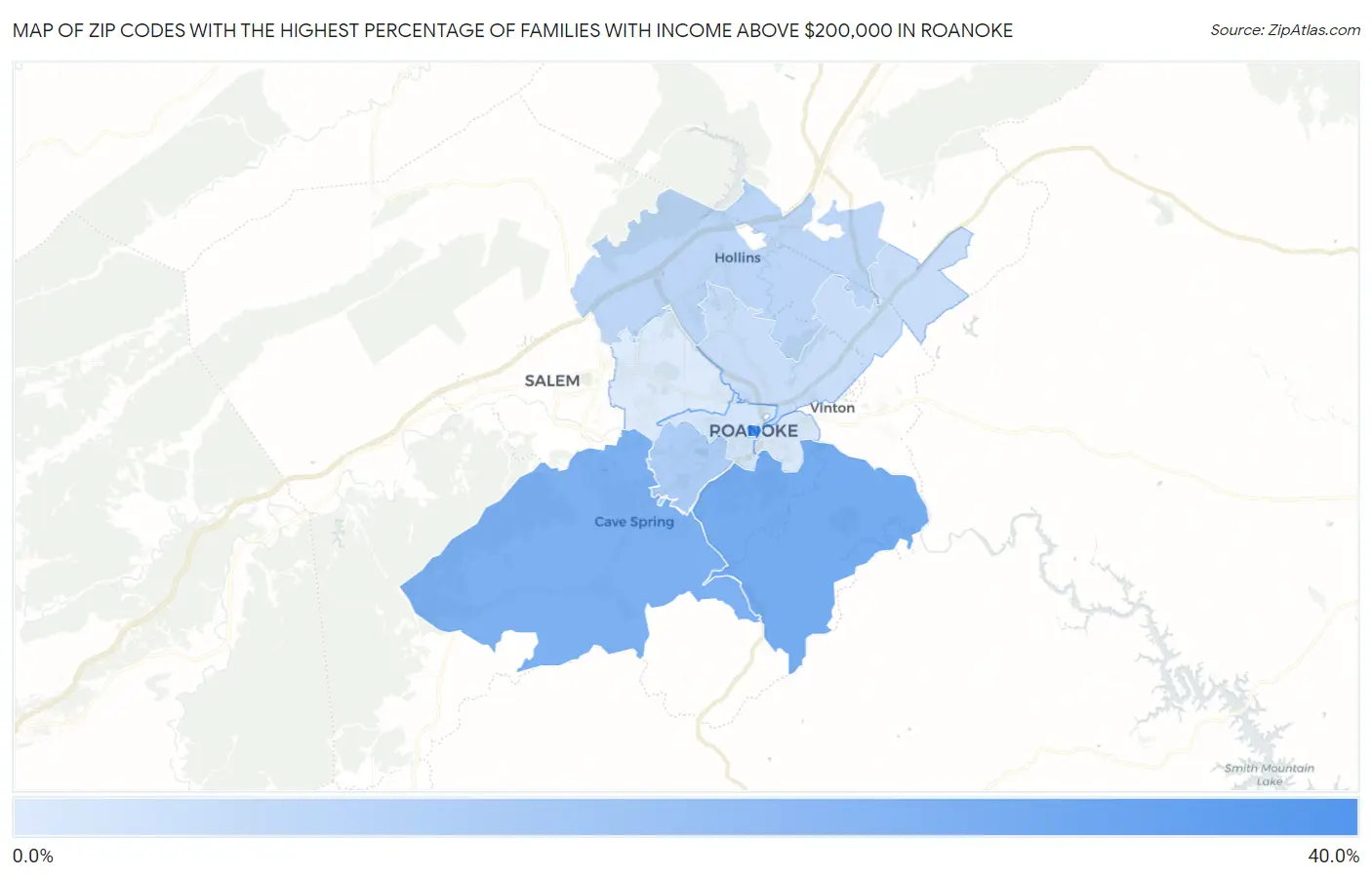 Zip Codes with the Highest Percentage of Families with Income Above $200,000 in Roanoke Map