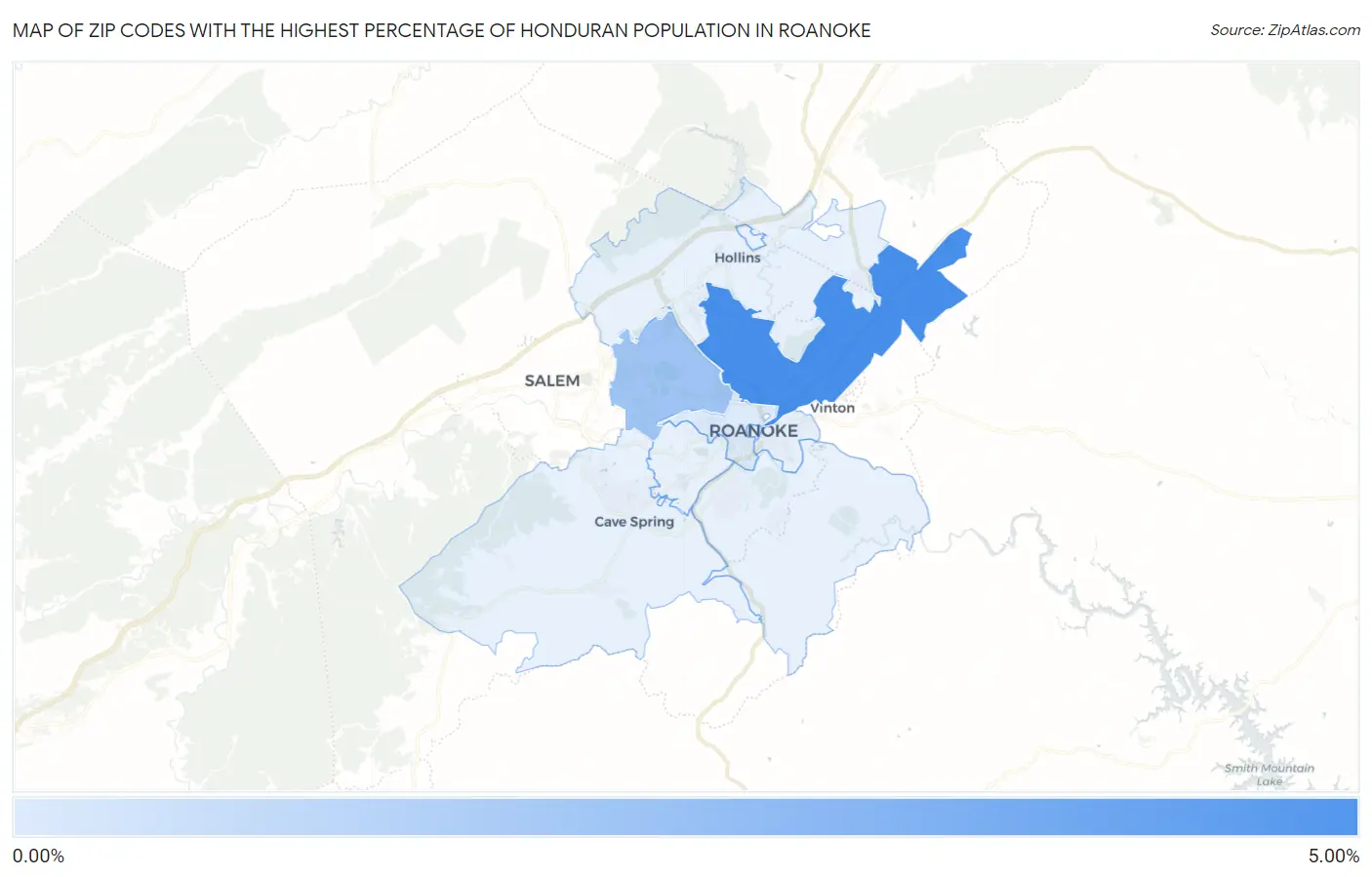 Zip Codes with the Highest Percentage of Honduran Population in Roanoke Map