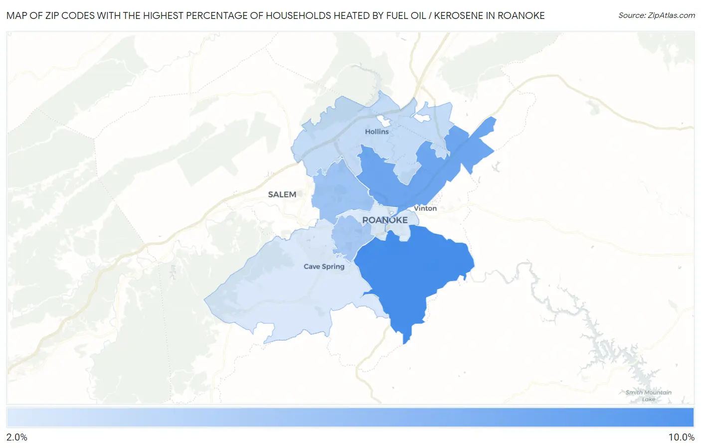 Zip Codes with the Highest Percentage of Households Heated by Fuel Oil / Kerosene in Roanoke Map
