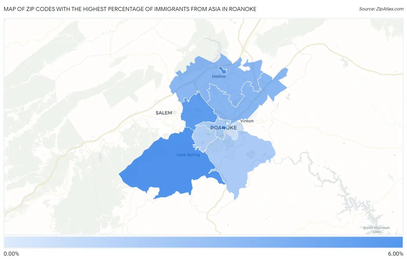 Zip Codes with the Highest Percentage of Immigrants from Asia in Roanoke Map
