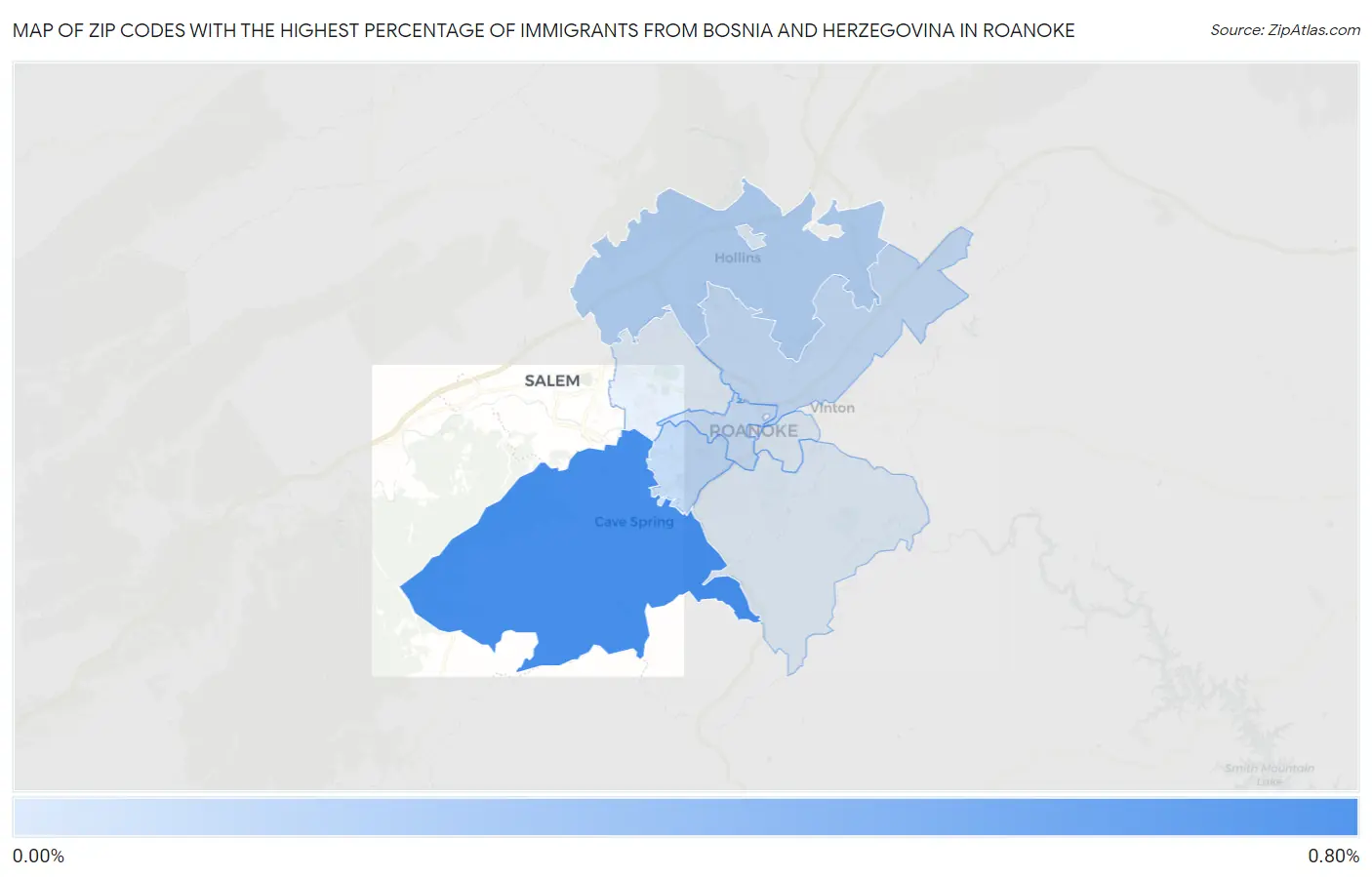 Zip Codes with the Highest Percentage of Immigrants from Bosnia and Herzegovina in Roanoke Map