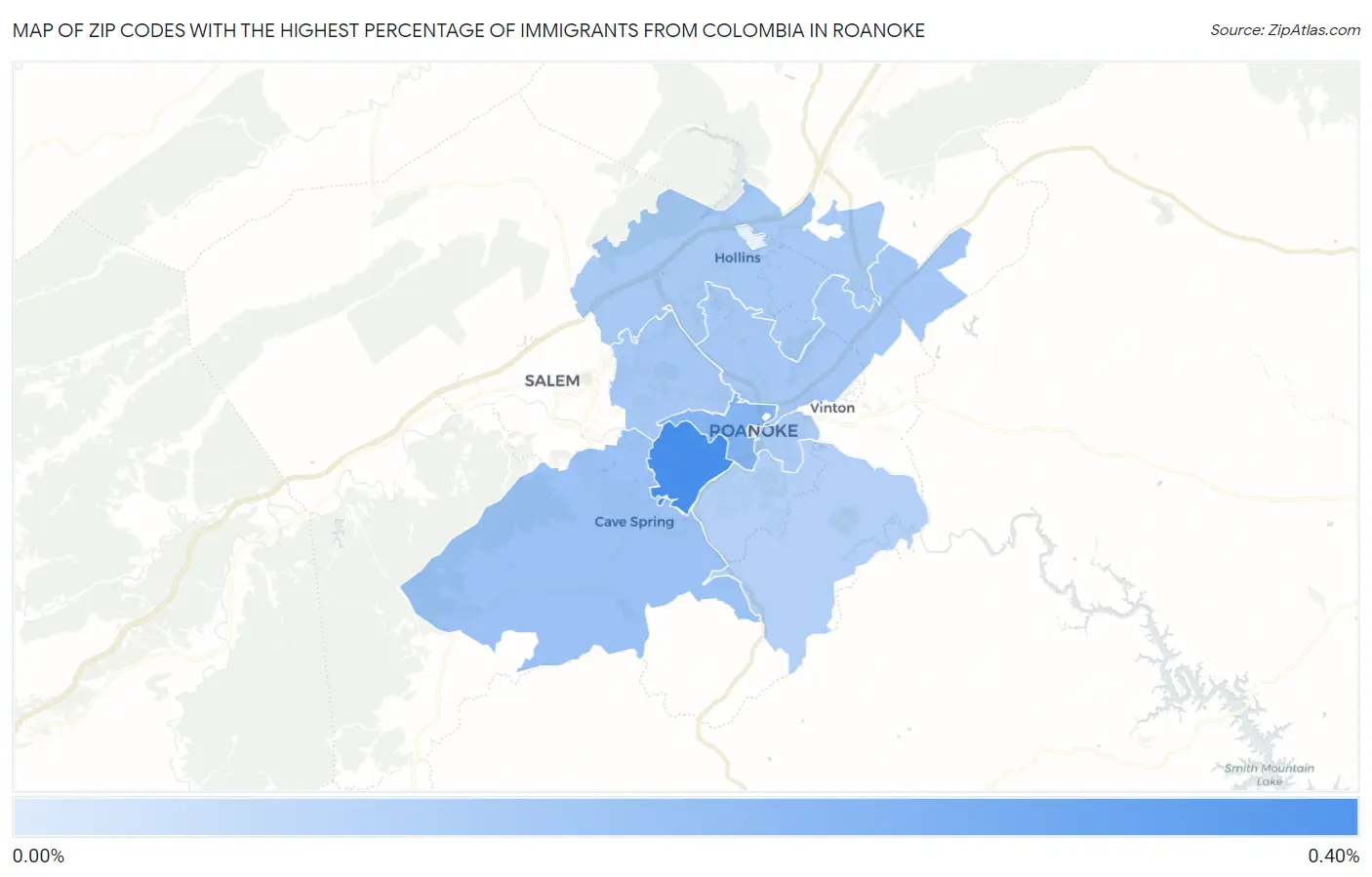 Zip Codes with the Highest Percentage of Immigrants from Colombia in Roanoke Map