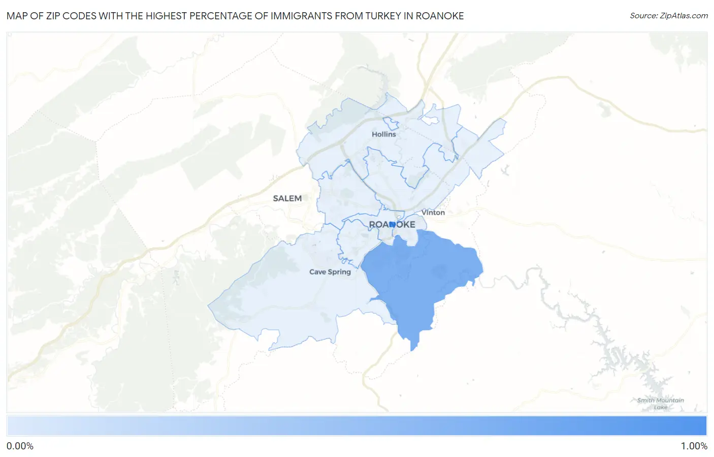 Zip Codes with the Highest Percentage of Immigrants from Turkey in Roanoke Map