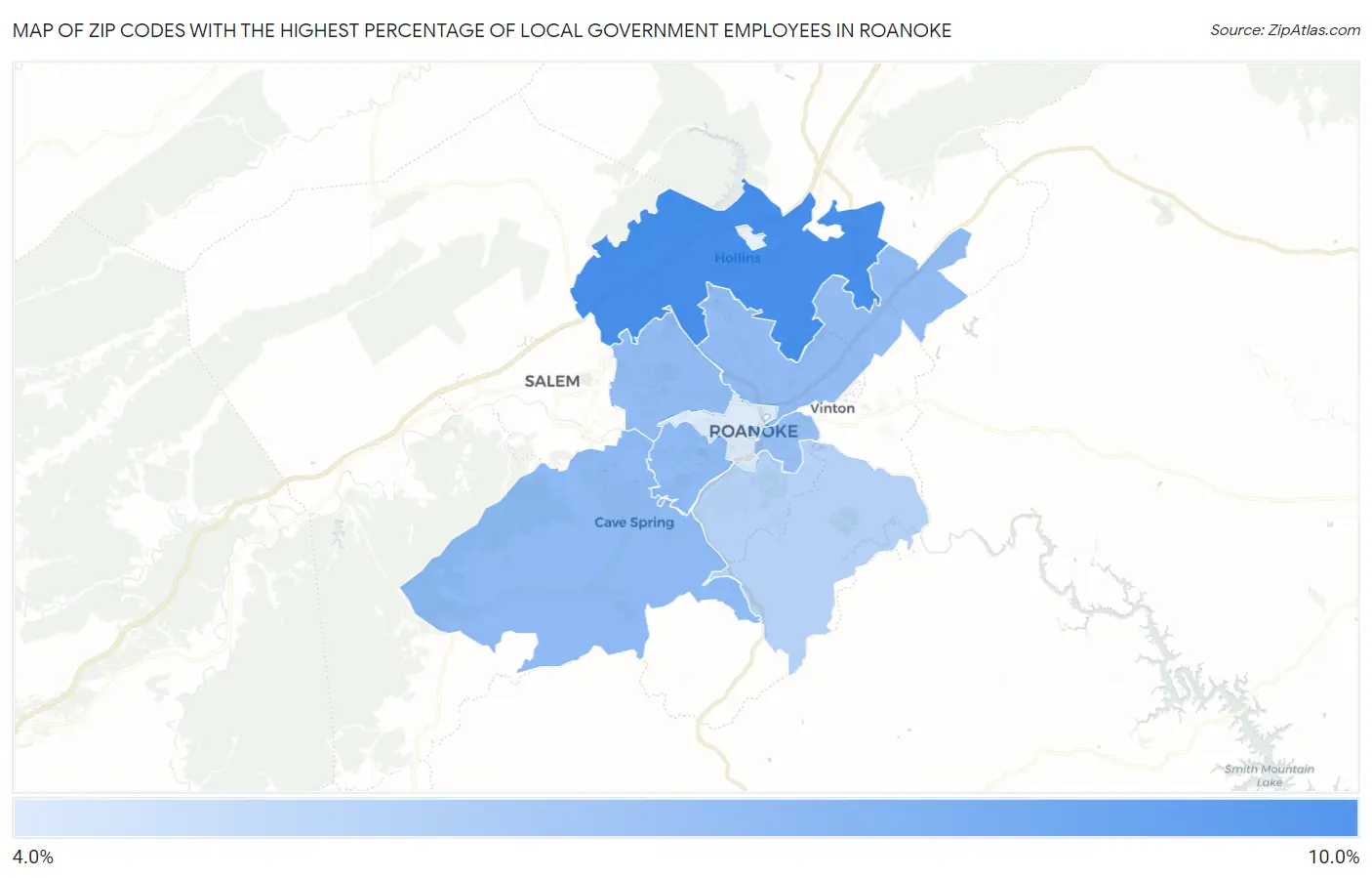 Zip Codes with the Highest Percentage of Local Government Employees in Roanoke Map