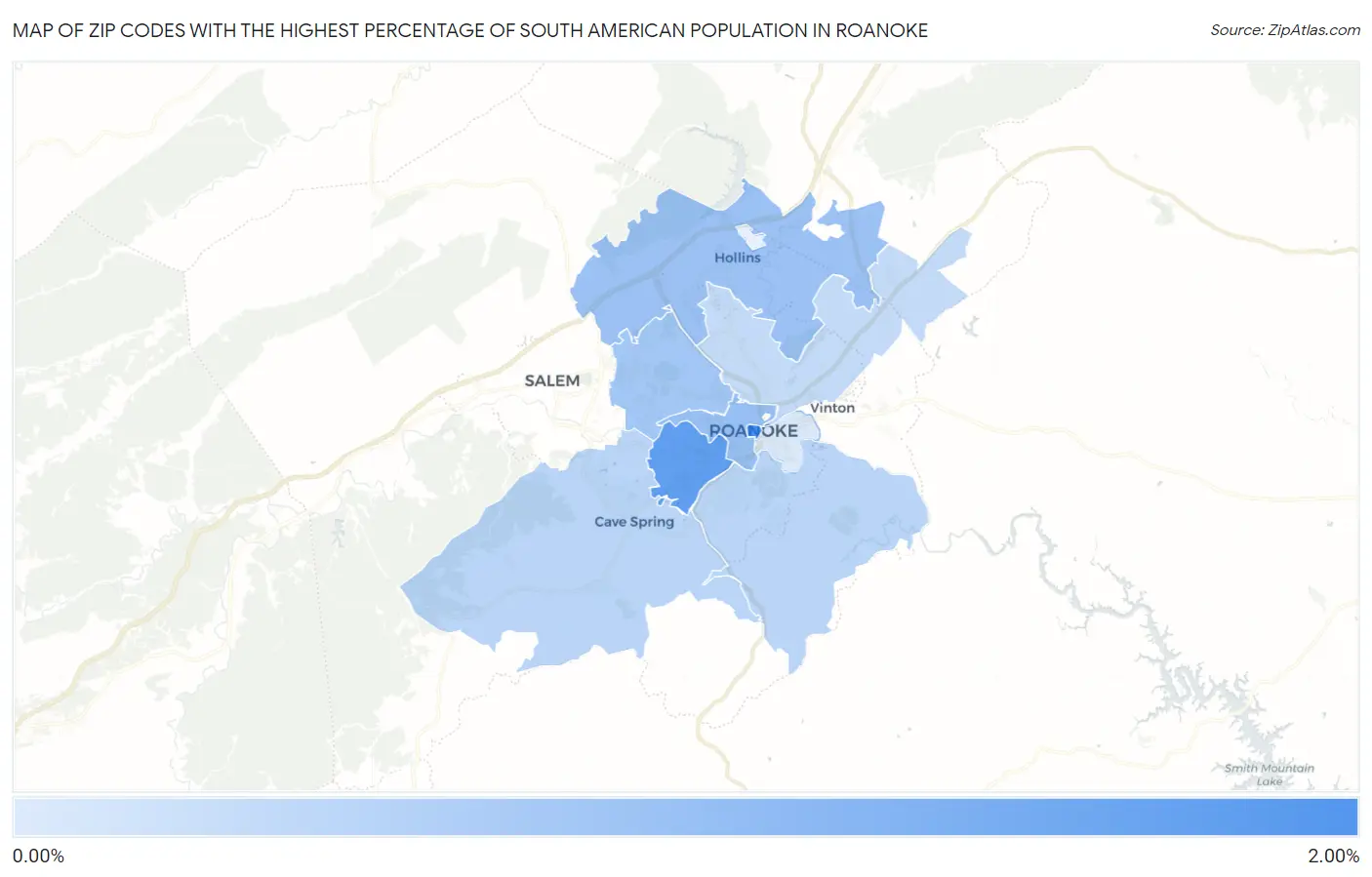 Zip Codes with the Highest Percentage of South American Population in Roanoke Map