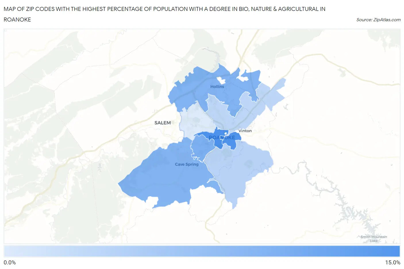 Zip Codes with the Highest Percentage of Population with a Degree in Bio, Nature & Agricultural in Roanoke Map