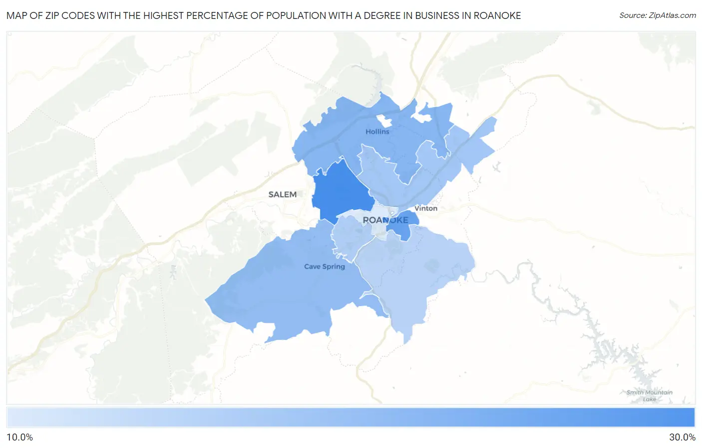 Zip Codes with the Highest Percentage of Population with a Degree in Business in Roanoke Map