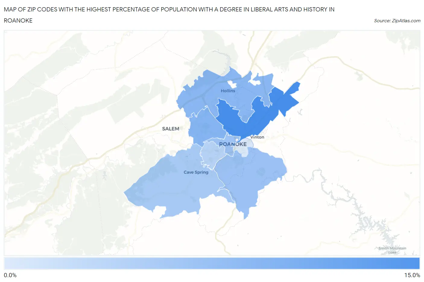 Zip Codes with the Highest Percentage of Population with a Degree in Liberal Arts and History in Roanoke Map