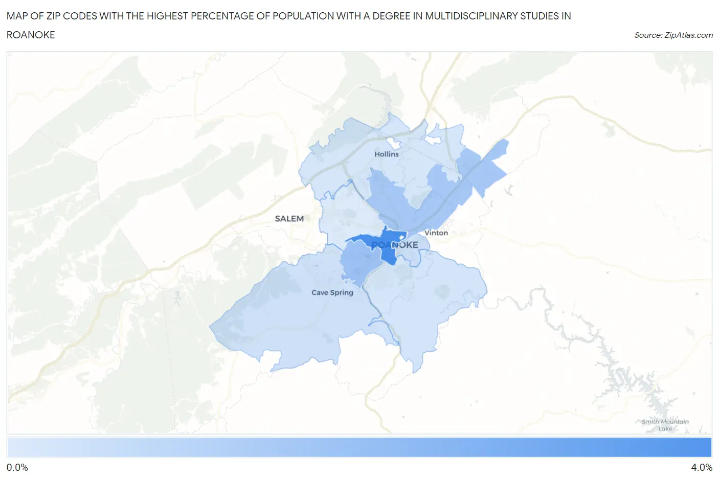Zip Codes with the Highest Percentage of Population with a Degree in Multidisciplinary Studies in Roanoke Map