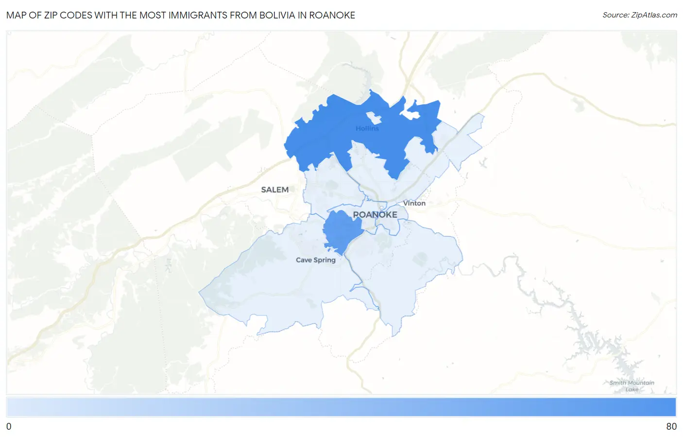 Zip Codes with the Most Immigrants from Bolivia in Roanoke Map