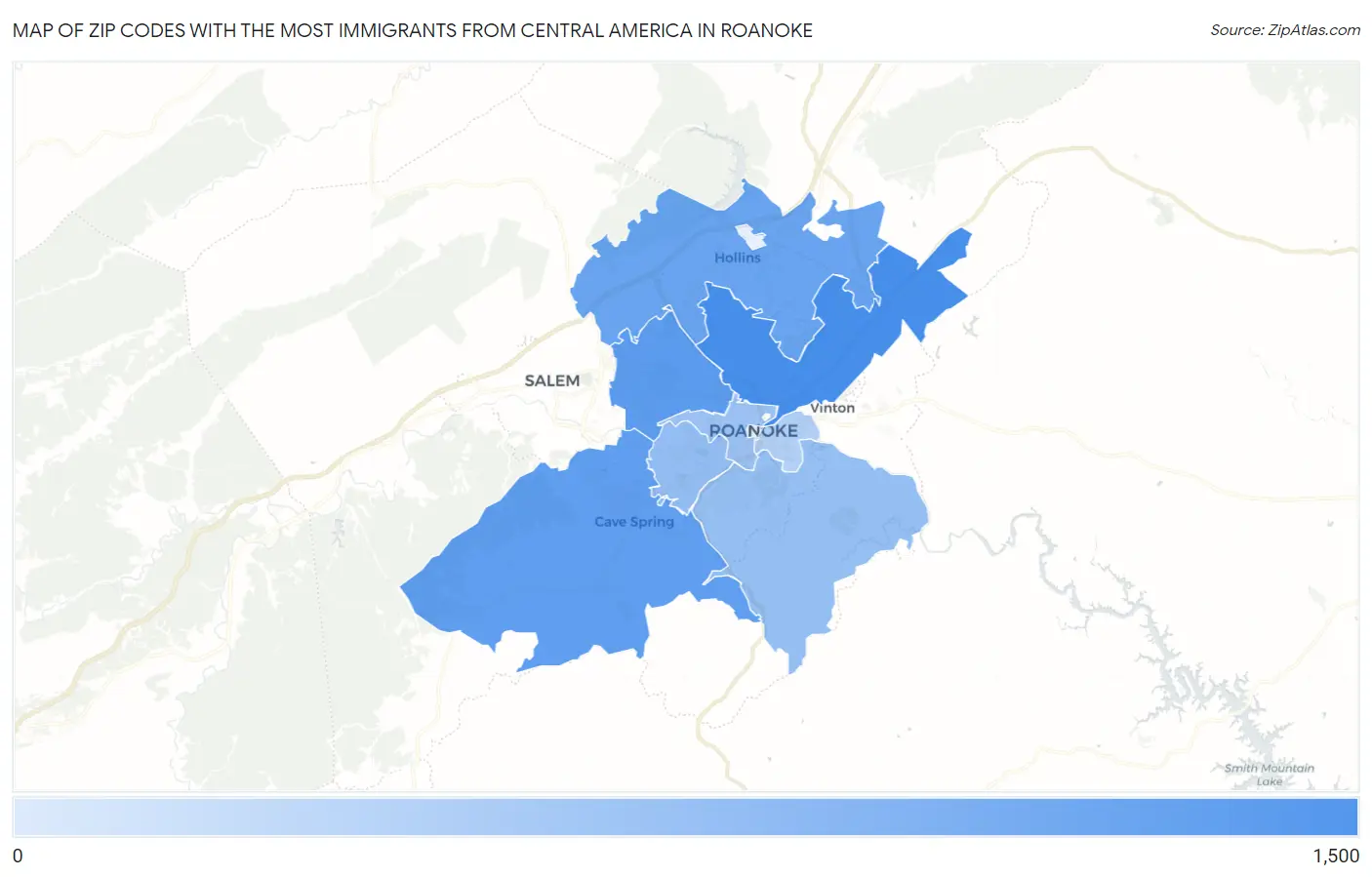 Zip Codes with the Most Immigrants from Central America in Roanoke Map
