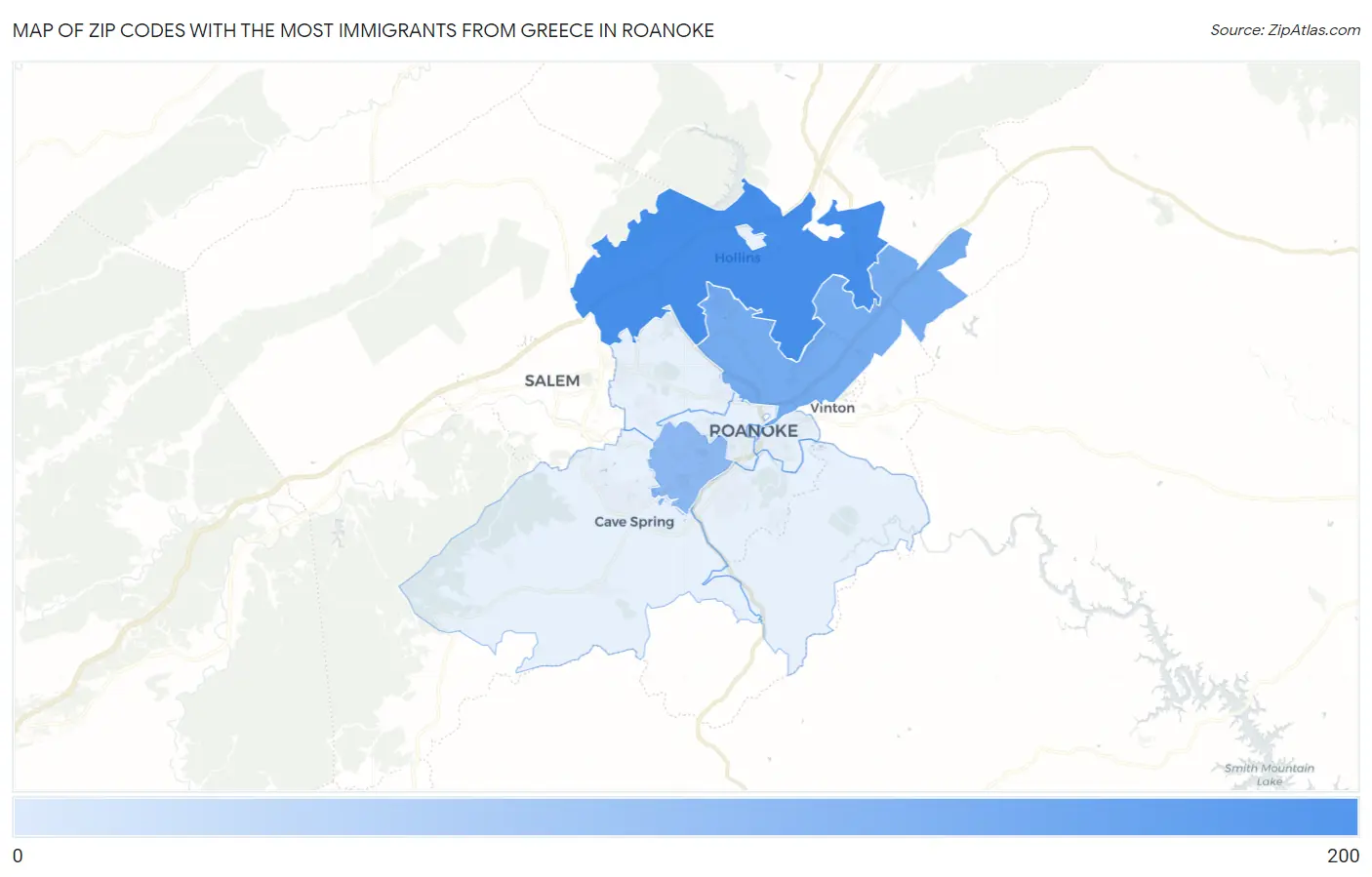 Zip Codes with the Most Immigrants from Greece in Roanoke Map