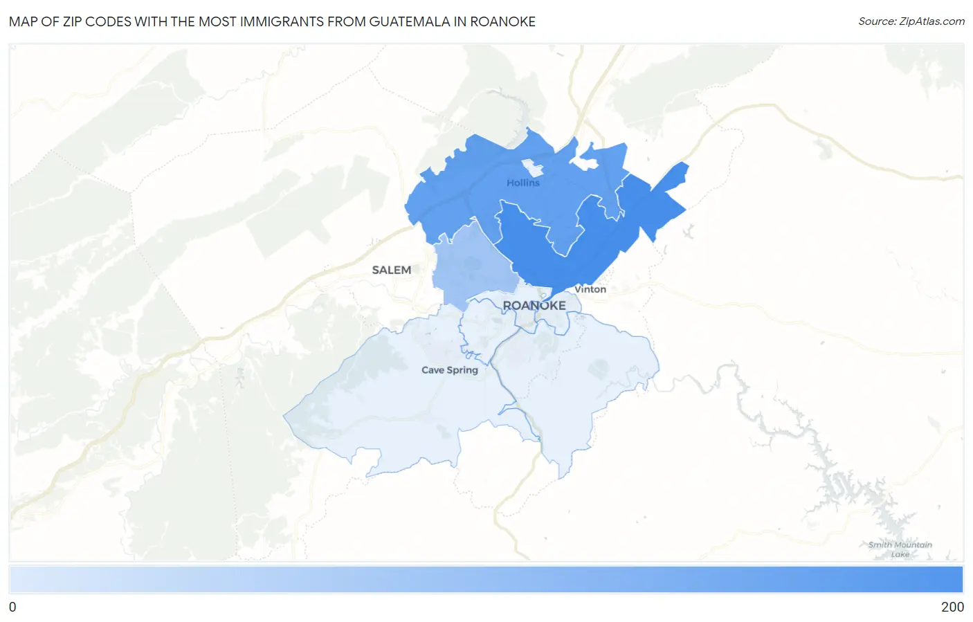Zip Codes with the Most Immigrants from Guatemala in Roanoke Map