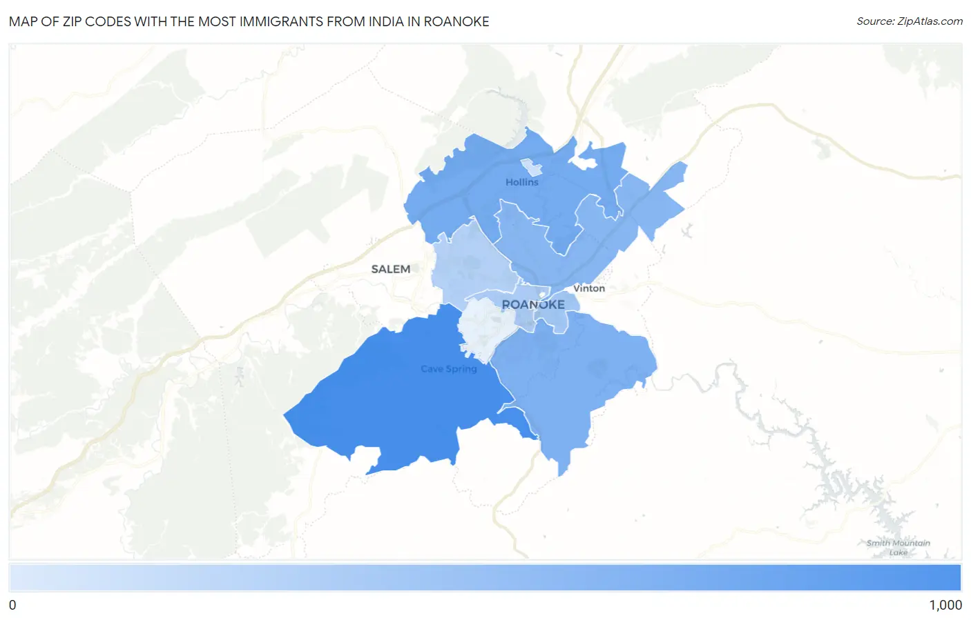 Zip Codes with the Most Immigrants from India in Roanoke Map