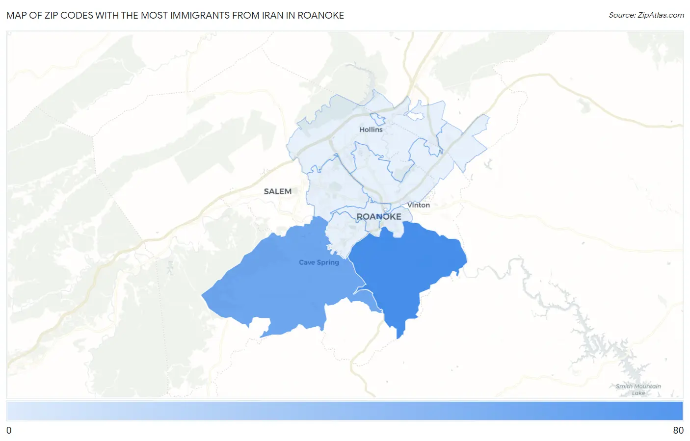 Zip Codes with the Most Immigrants from Iran in Roanoke Map