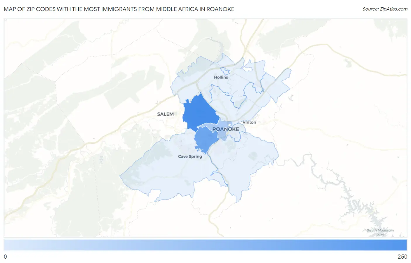 Zip Codes with the Most Immigrants from Middle Africa in Roanoke Map