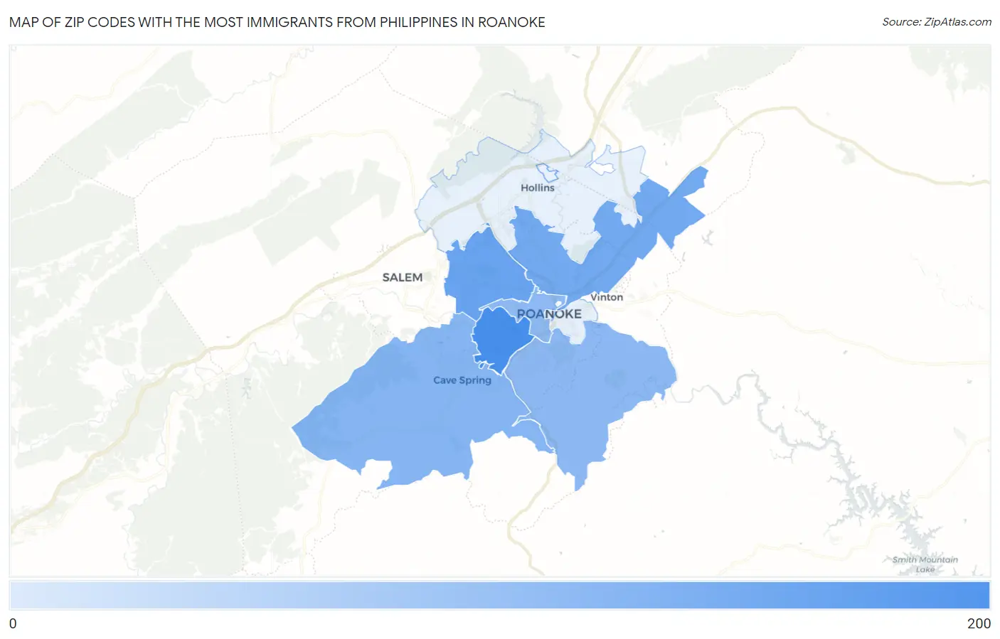 Zip Codes with the Most Immigrants from Philippines in Roanoke Map