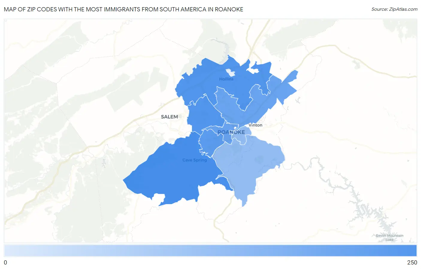 Zip Codes with the Most Immigrants from South America in Roanoke Map