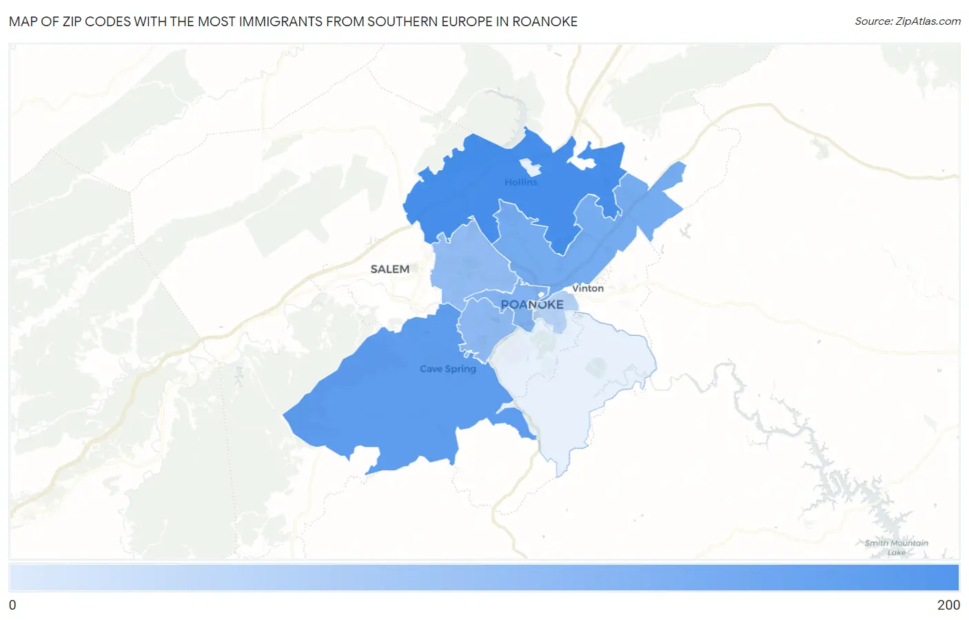 Zip Codes with the Most Immigrants from Southern Europe in Roanoke Map