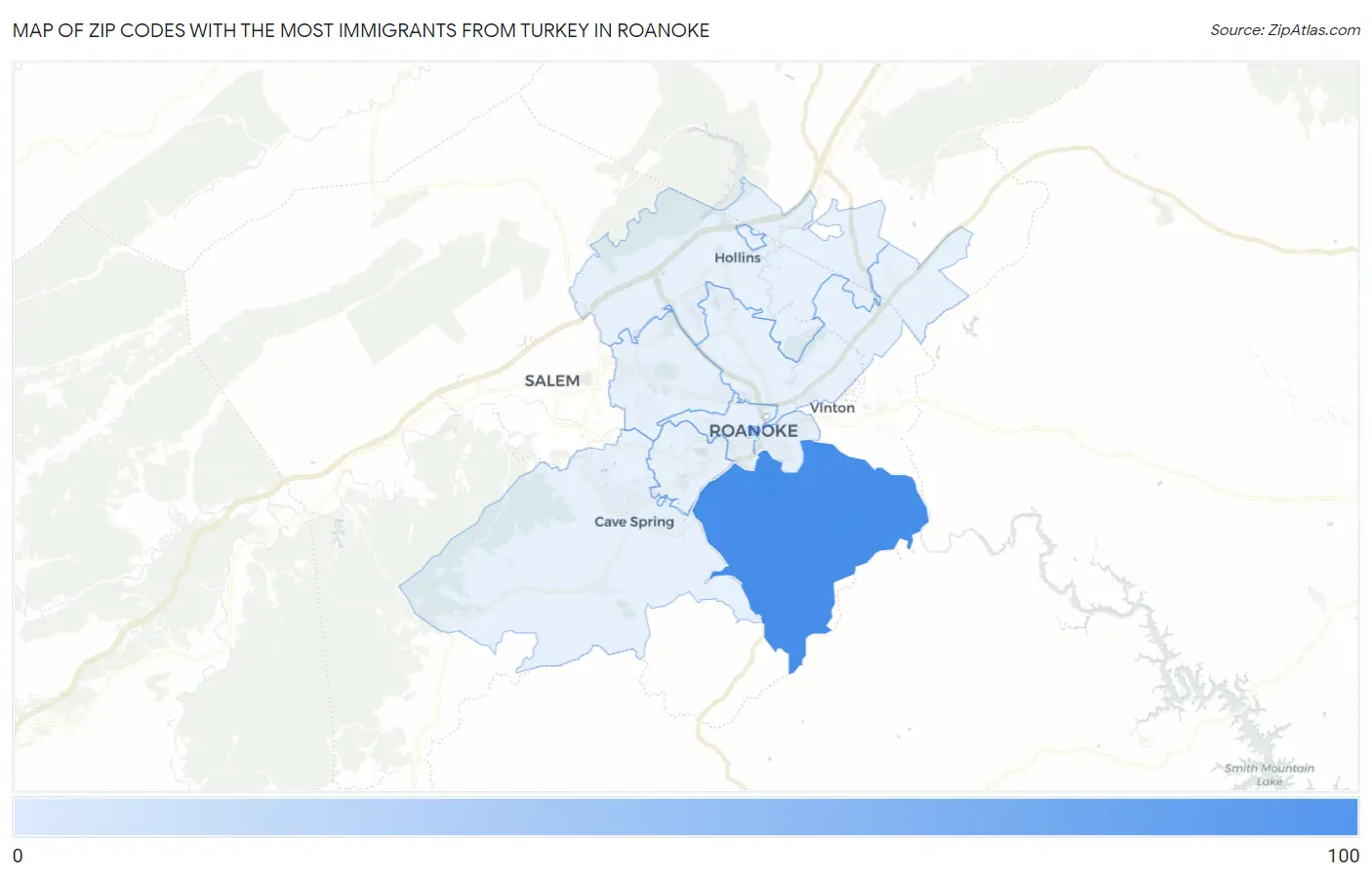 Zip Codes with the Most Immigrants from Turkey in Roanoke Map