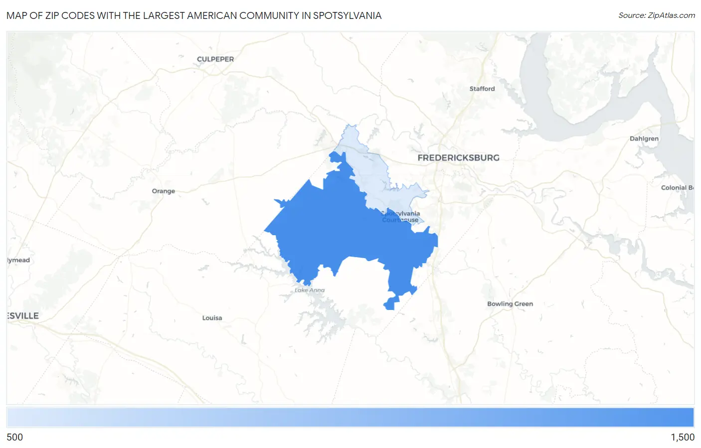 Zip Codes with the Largest American Community in Spotsylvania Map