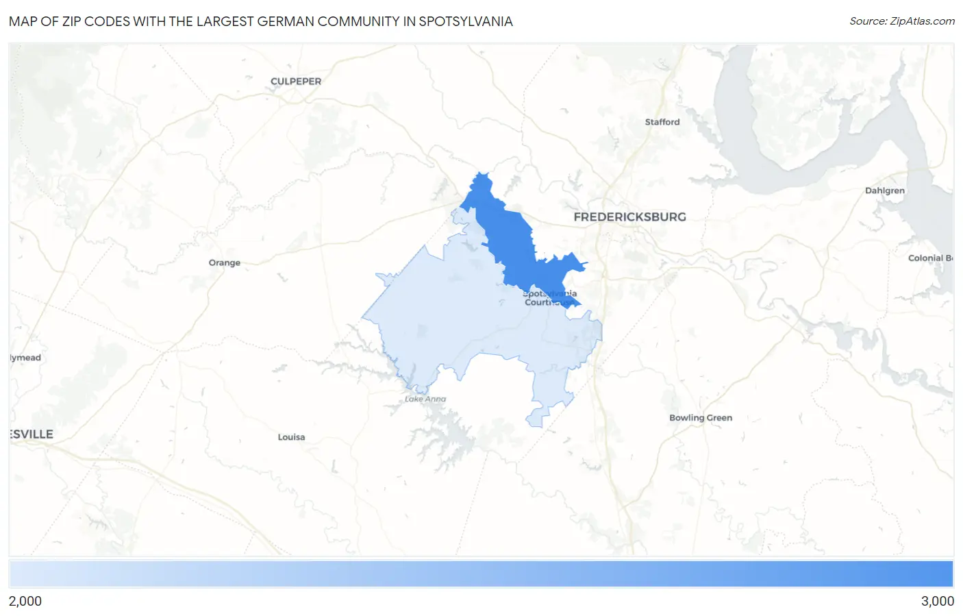 Zip Codes with the Largest German Community in Spotsylvania Map