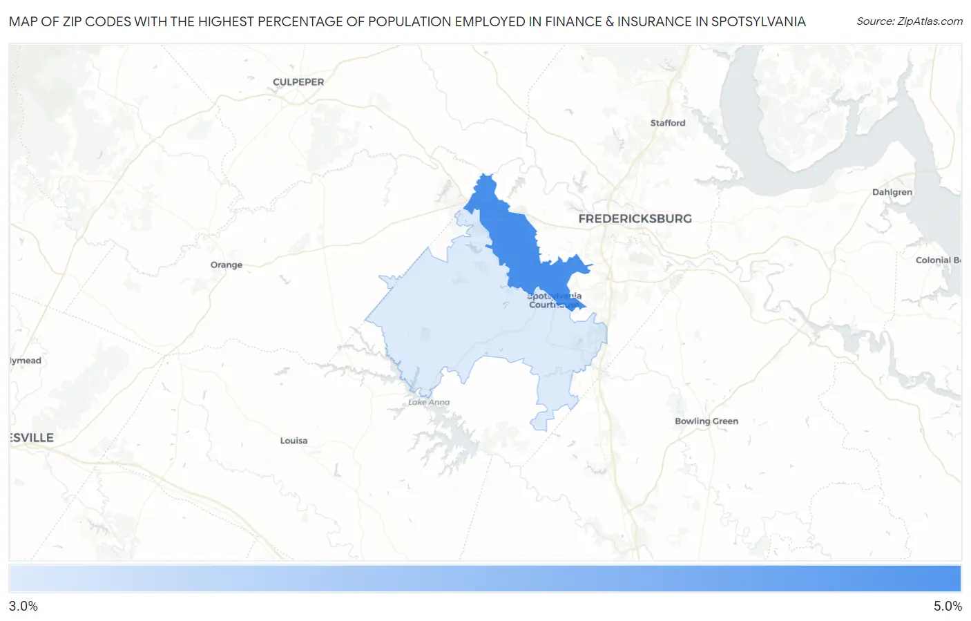 Zip Codes with the Highest Percentage of Population Employed in Finance & Insurance in Spotsylvania Map