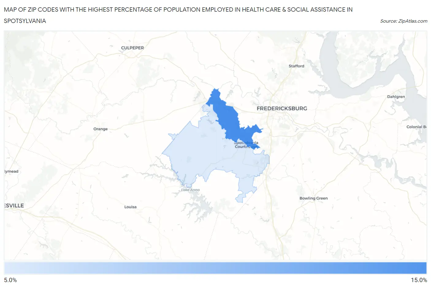 Zip Codes with the Highest Percentage of Population Employed in Health Care & Social Assistance in Spotsylvania Map