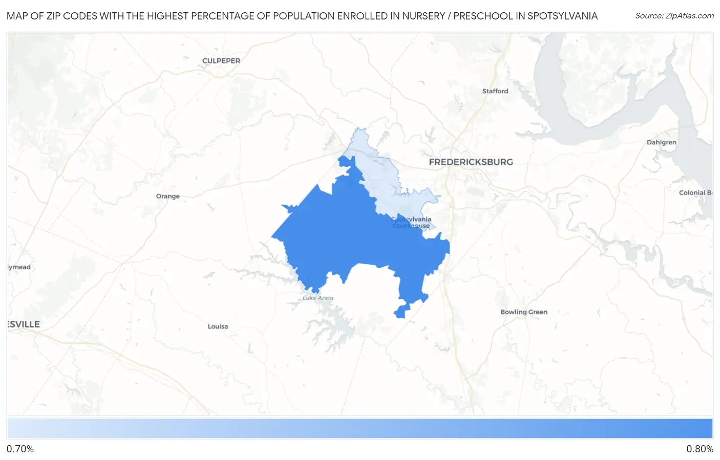 Zip Codes with the Highest Percentage of Population Enrolled in Nursery / Preschool in Spotsylvania Map