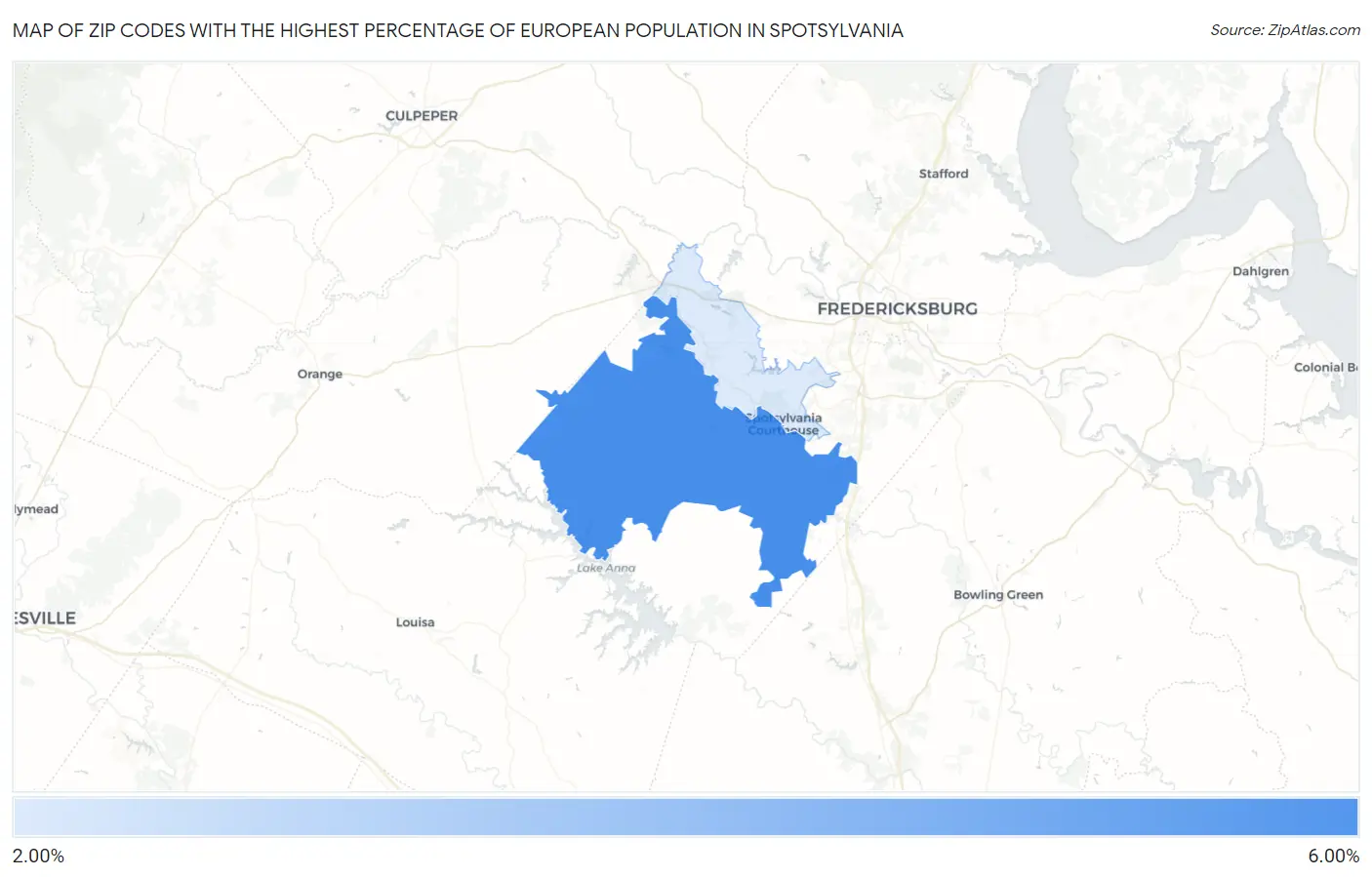 Zip Codes with the Highest Percentage of European Population in Spotsylvania Map
