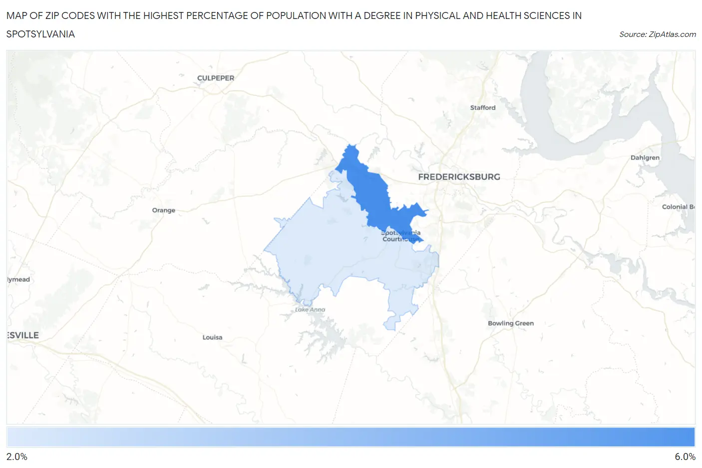 Zip Codes with the Highest Percentage of Population with a Degree in Physical and Health Sciences in Spotsylvania Map