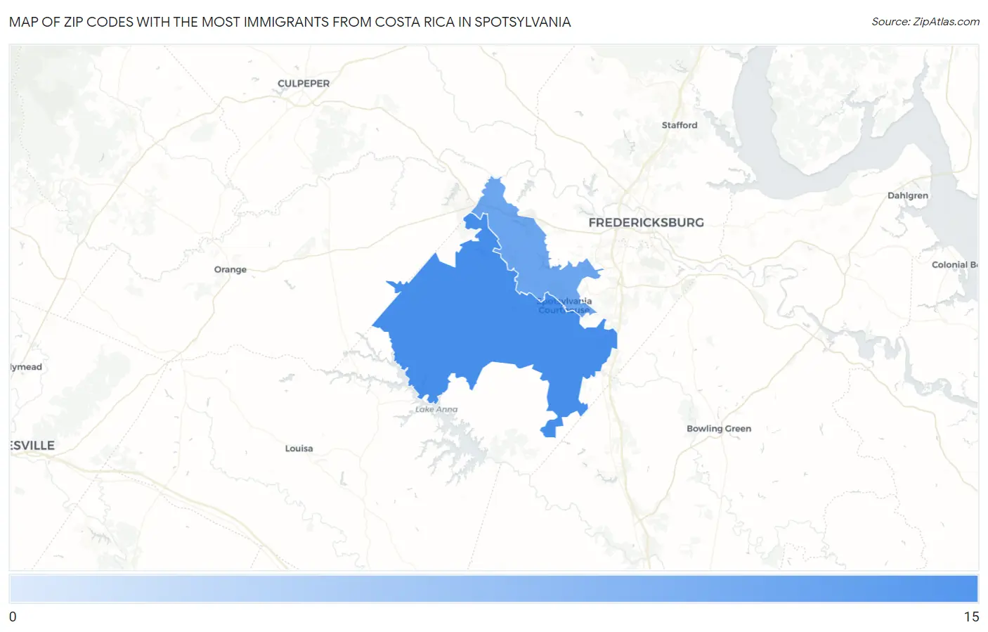 Zip Codes with the Most Immigrants from Costa Rica in Spotsylvania Map