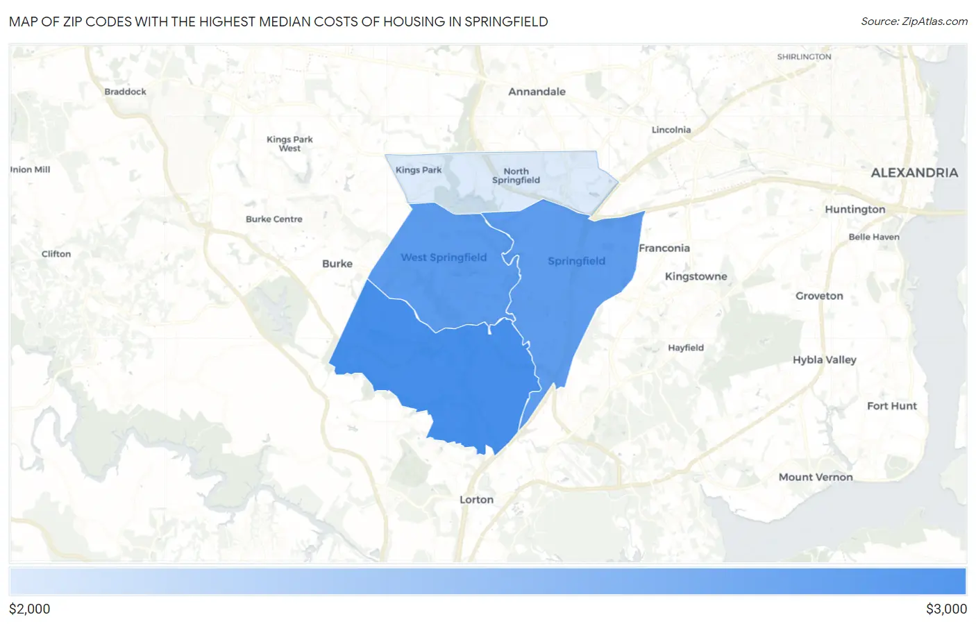 Zip Codes with the Highest Median Costs of Housing in Springfield Map