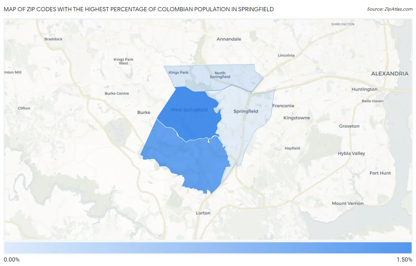 Zip Codes with the Highest Percentage of Colombian Population in Springfield Map