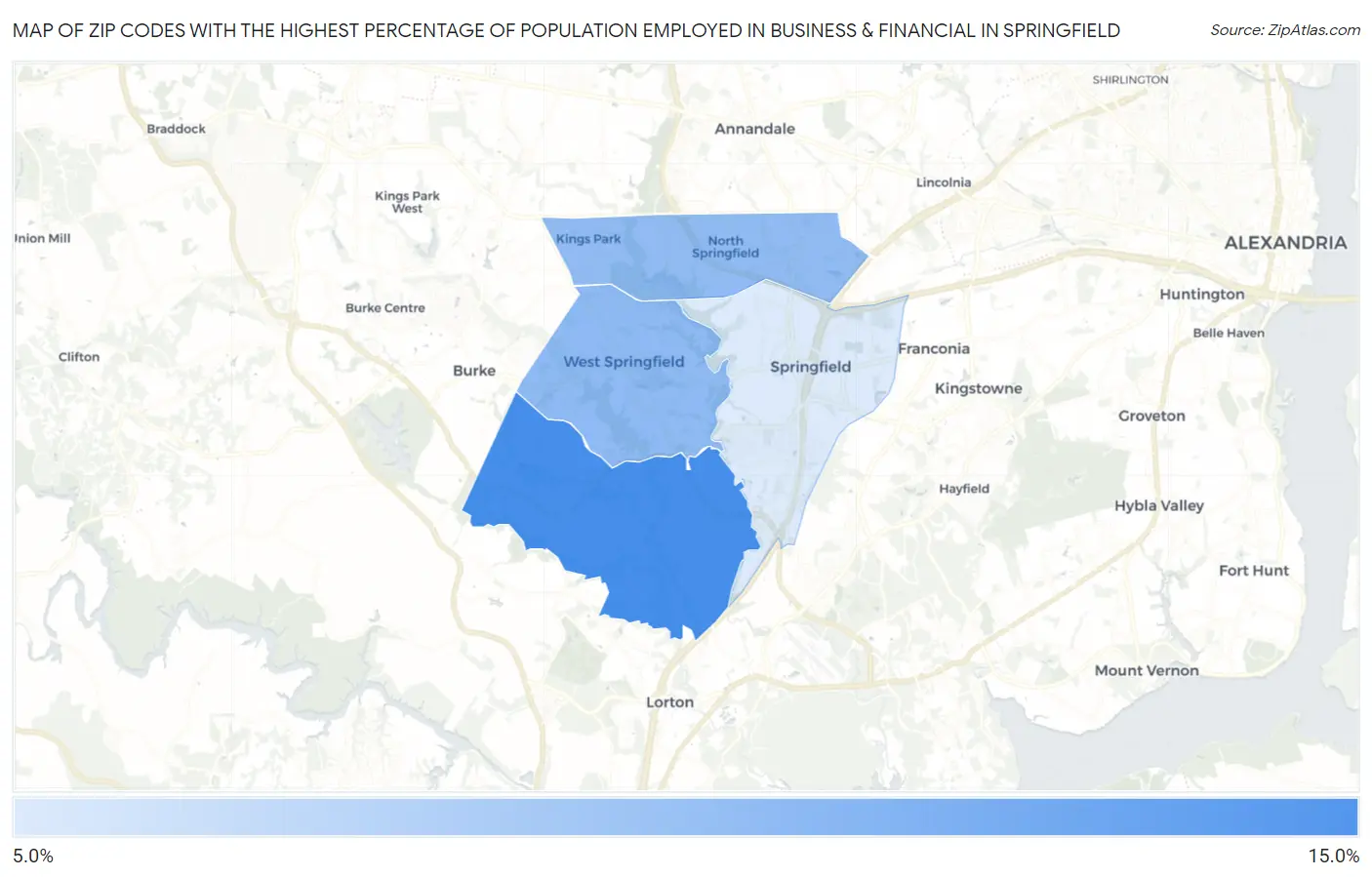 Zip Codes with the Highest Percentage of Population Employed in Business & Financial in Springfield Map