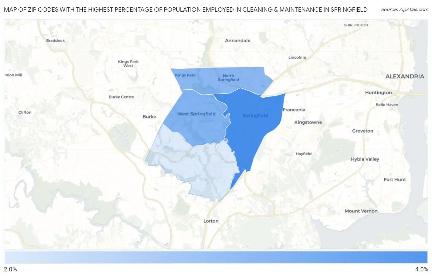 Zip Codes with the Highest Percentage of Population Employed in Cleaning & Maintenance in Springfield Map