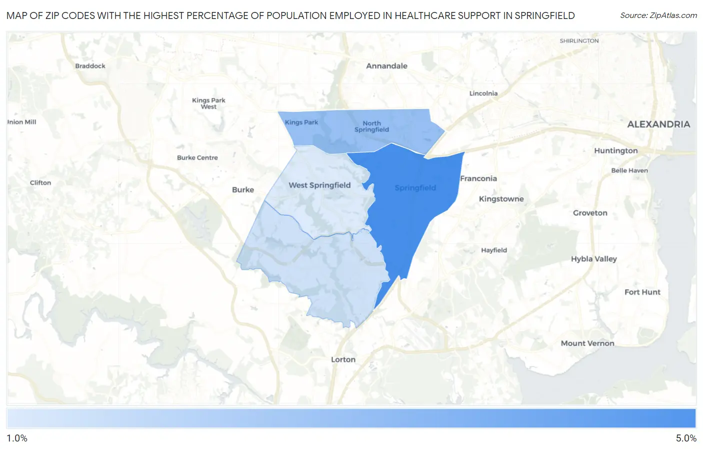 Zip Codes with the Highest Percentage of Population Employed in Healthcare Support in Springfield Map