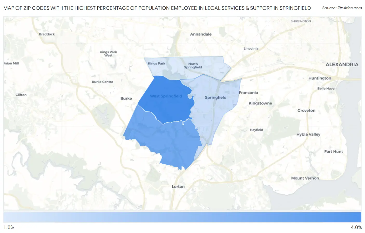 Zip Codes with the Highest Percentage of Population Employed in Legal Services & Support in Springfield Map